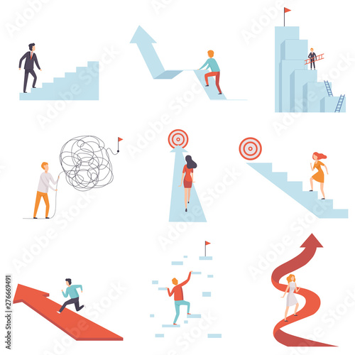 Business People Moving to Success Set, Young Men and Women Climbing Up Career Ladders and Arrows to Achievement of Goals Vector Illustration