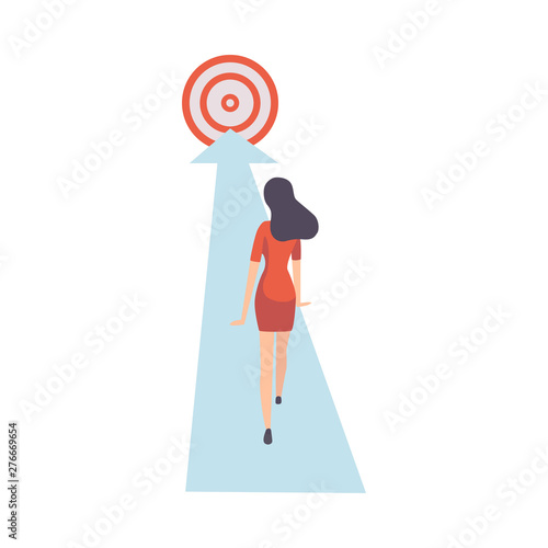 Businesswoman Walking Forward Along Arrow to Goal, View from Behind, Achievement of Goal Vector Illustration