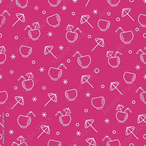 Cute seamless pattern with cocktail in half coconut, tube and umbrella. Travel and leisure.