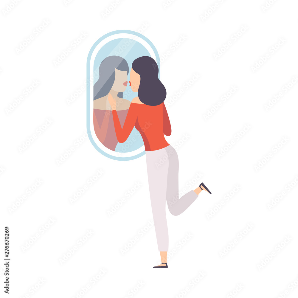 Narcissistic Woman Character Looking at Mirror and Kissing Her Reflection in Mirror, Girl Overestimate Herself, Self Confidence, Motivation Vector Illustration Narcissistic Woman Character Looking at Mirror and Kissing Her Reflection in Mirror, Girl Overestimate Herself, Self Confidence, Motivation Vector Illustration