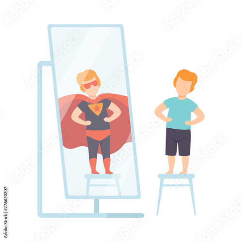 Narcissistic Man Character Looking at Mirror and Seeing Superhero, Person Overestimate Himself, Self Confidence, Motivation Vector Illustration