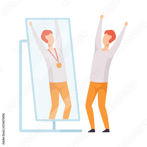 Narcissistic Man Character Looking at Mirror and Seeing in Reflection of Himself with Gold Medal, Person Overestimate Himself, Self Confidence, Motivation Vector Illustration