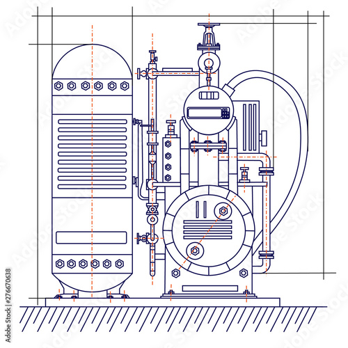 Smooth free technological drawing of the refrigeration unit. Drawing of a machine chill