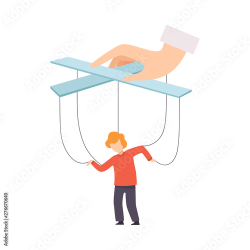 Boy Marionette on Ropes Controlled by Mothers Hand, Manipulation of People Concept Vector Illustration