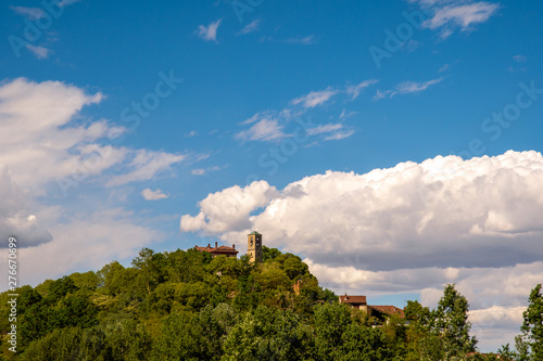 View of the top of a green hill with a bell tower among the trees and blue sky with white clouds, Piedmont, Italy © Simona Sirio