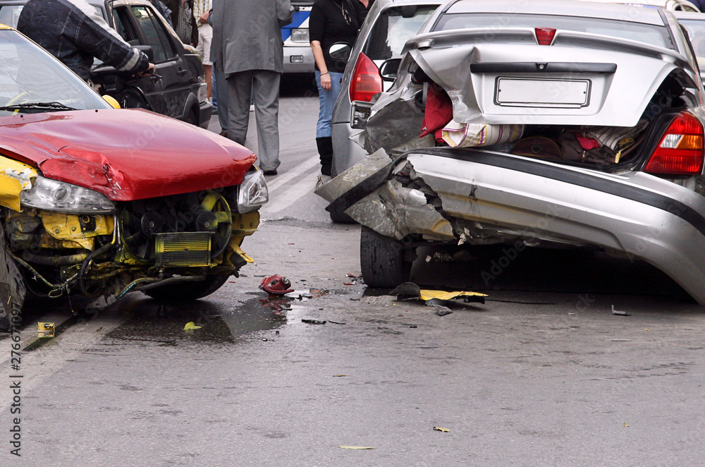 Car crash accident on street with wreck and damaged cars Car crash accident on street with wreck and damaged cars