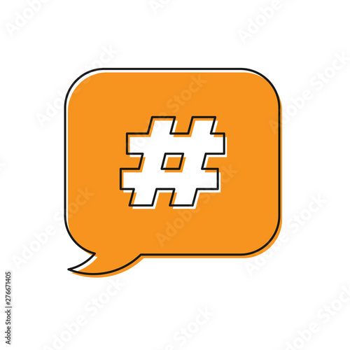 Orange Hashtag speech bubble icon isolated on white background. Concept of number sign, social media marketing, micro blogging. Vector Illustration