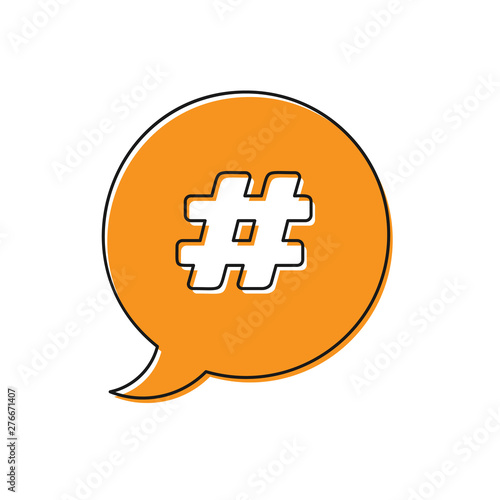 Orange Hashtag speech bubble icon isolated on white background. Concept of number sign, social media marketing, micro blogging. Vector Illustration