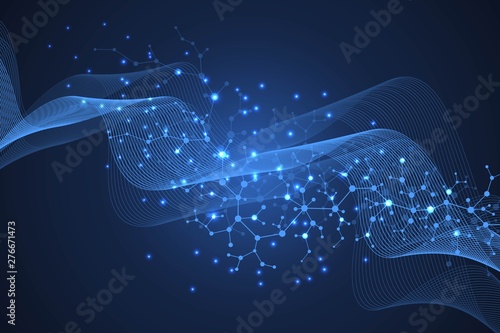 Scientific molecule background for medicine, science, technology, chemistry. Wallpaper or banner with a DNA molecules, DNA digital, sequence, code structure. Vector geometric dynamic illustration