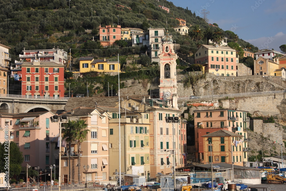 Landscape of Sori, small town on the sea in the eastern Ligurian Riviera, the town is directly overlooking the sea at the estuary of the river of the same name. Note the church of Santa Margherita di 