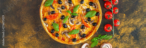 pizza, mushrooms, olives, chicken, tomato sauce, cheese, (ingredients). hot pizza. Top view. copy space
