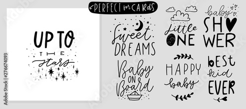 Stylish children phrases, hand drawn lettering with cute details and texture cards set. Black and white quote for nursery room collection. Vector illustrations bundle. Eps 10