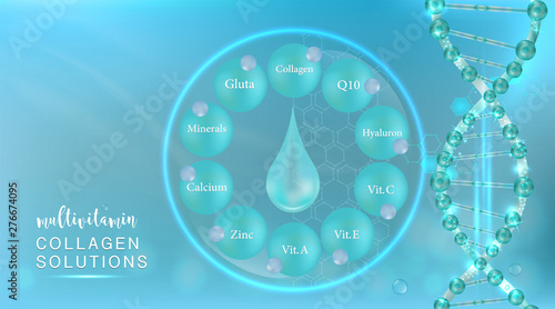 Hyaluronic acid plus multivitamins and mineral skin solutions ad, blue collagen serum drop with cosmetic advertising background ready to use, illustration vector.