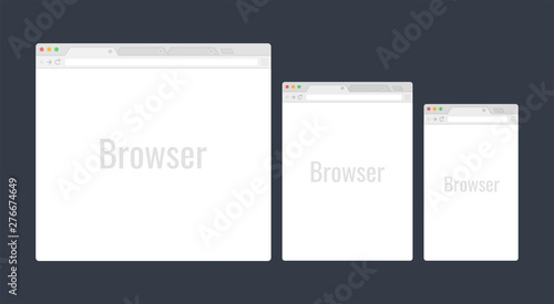Set of blank browser windows for different devices. Computer, tablet, phone. Vector illustration.