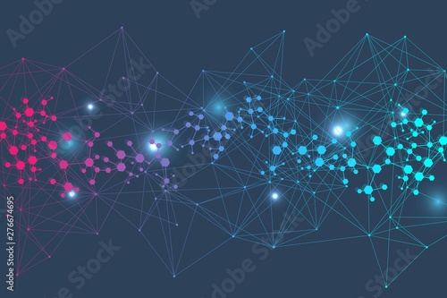 Structure molecule and communication. Dna, atom, neurons. Scientific concept for your design. Connected lines with dots. Medical, technology, chemistry, science background. Vector illustration.