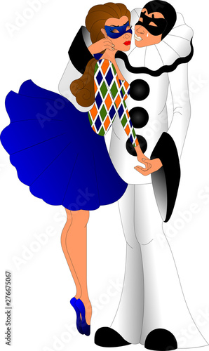 Enamored Pierrot in white clothes and a black mask kisses Columbine in a blue dress