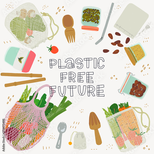 Plastic Free Future inscription and zero waste kitchen utensils