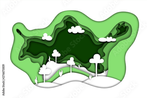 White forest landscape on a green gradient background with a layered effect in the style of paper cutting. Trees, hills, bushes and clouds.