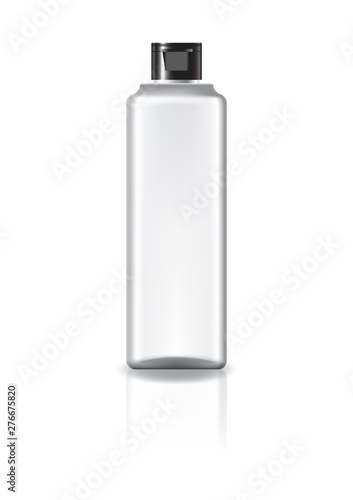 Blank clear square cosmetic bottle with black cap lid for beauty or healthy product. Isolated on white background with reflection shadow. Ready to use for package design. Vector illustration.