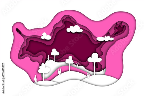 White forest landscape on a pink gradient background with a layered effect in the style of paper cutting. Trees, hills, bushes and clouds.