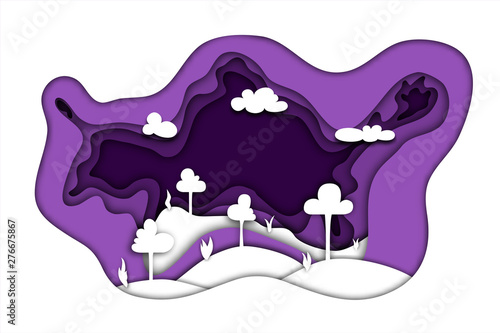 White forest landscape on a purple gradient background with a layered effect in the style of paper cutting. Trees, hills, bushes and clouds.
