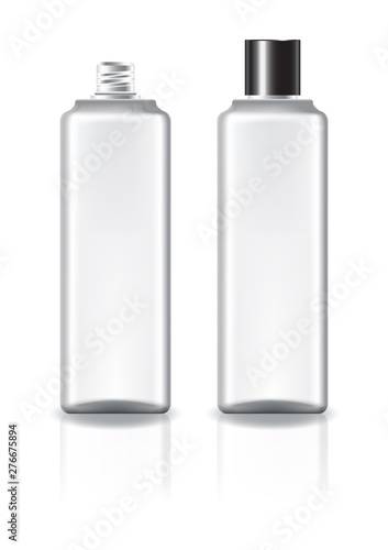 White square cosmetic bottle with black plain screw lid for beauty or healthy product. Isolated on white background with reflection shadow. Ready to use for package design. Vector illustration.