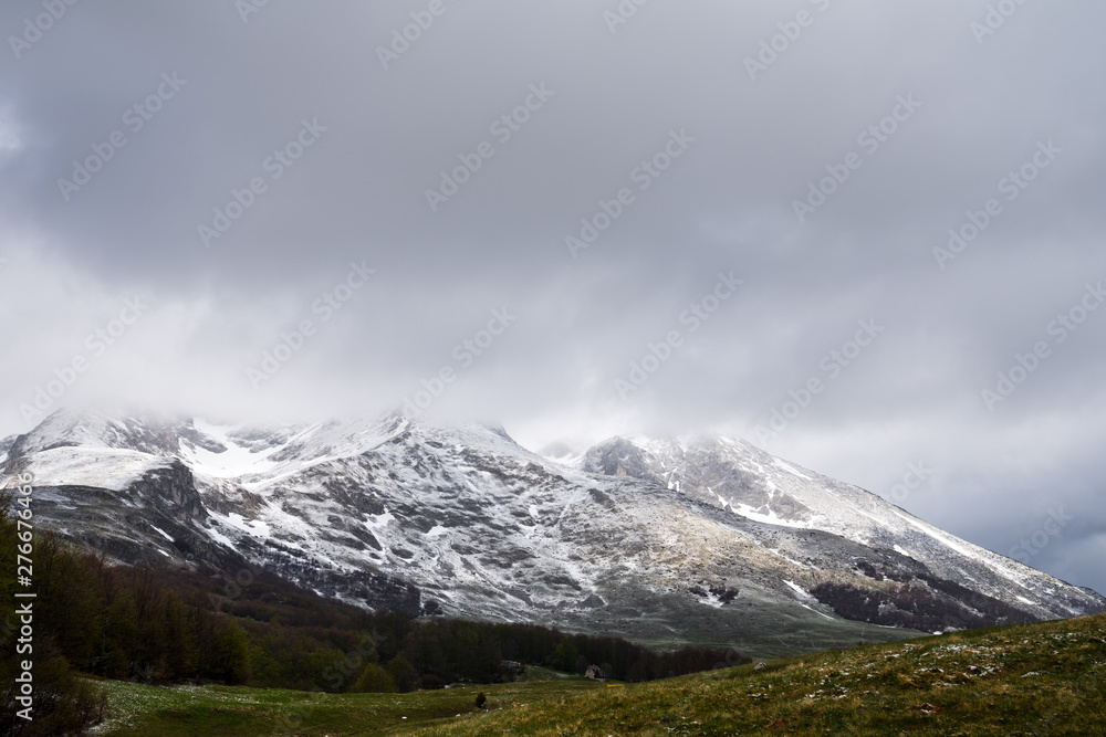 Montenegro, Majestic mountains of durmitor dinaric alps massif covered with white snow hidden in clouds behind green pastures in national park nature landscape