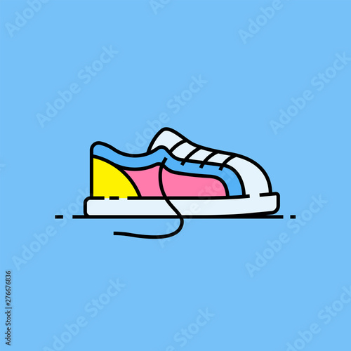 Colorful kids shoe line icon. Simple retro style childrens sneakers symbol isolated on blue background. Vector illustration.