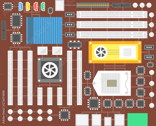 Computer chip technology processor circuit and computer motherboard information system. Vector illustration.