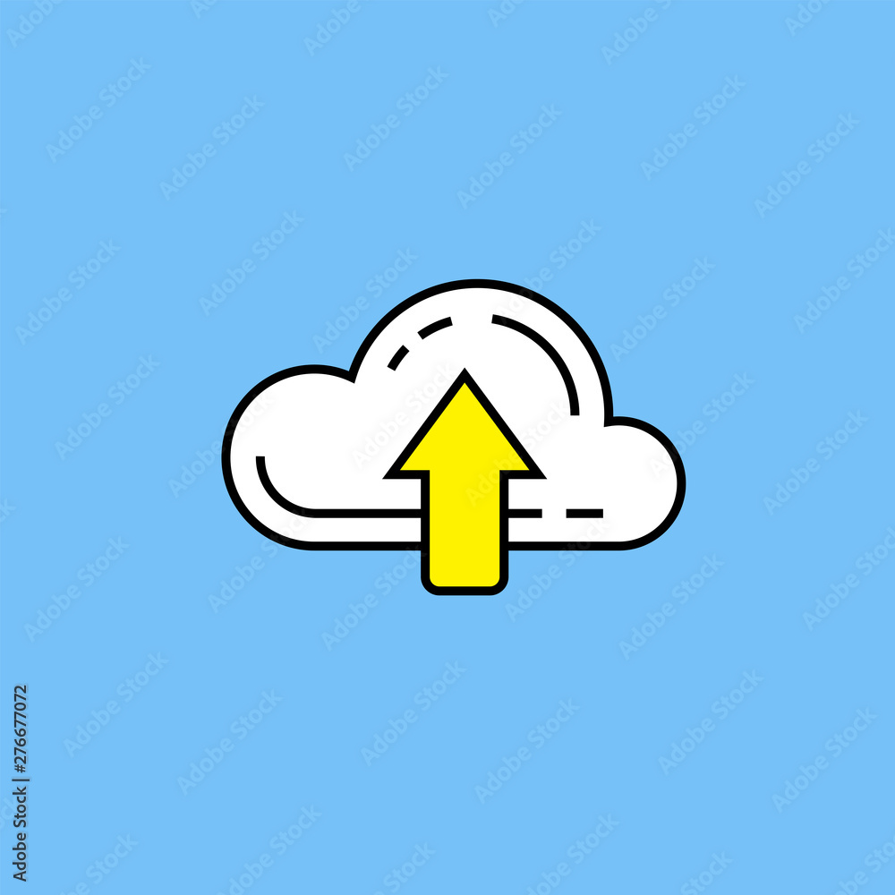 Cloud network upload line icon. Virtual server data backup symbol. VPN internet technology up arrow sign isolated on blue background. Vector illustration. Cloud network upload line icon. Virtual server data backup symbol. VPN internet technology up arrow sign isolated on blue background. Vector illustration.