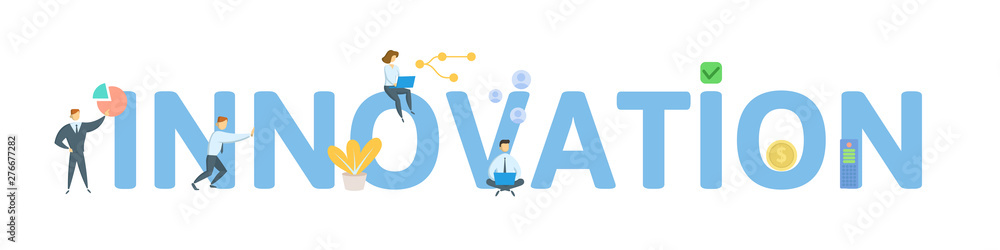INNOVATION. Concept with people, letters and icons. Flat vector illustration. Isolated on white background. INNOVATION. Concept with people, letters and icons. Flat vector illustration. Isolated on white background.