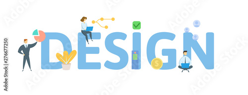 DESIGN. Concept with people, letters and icons. Flat vector illustration. Isolated on white background.