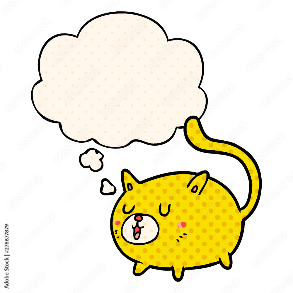 cartoon happy cat and thought bubble in comic book style