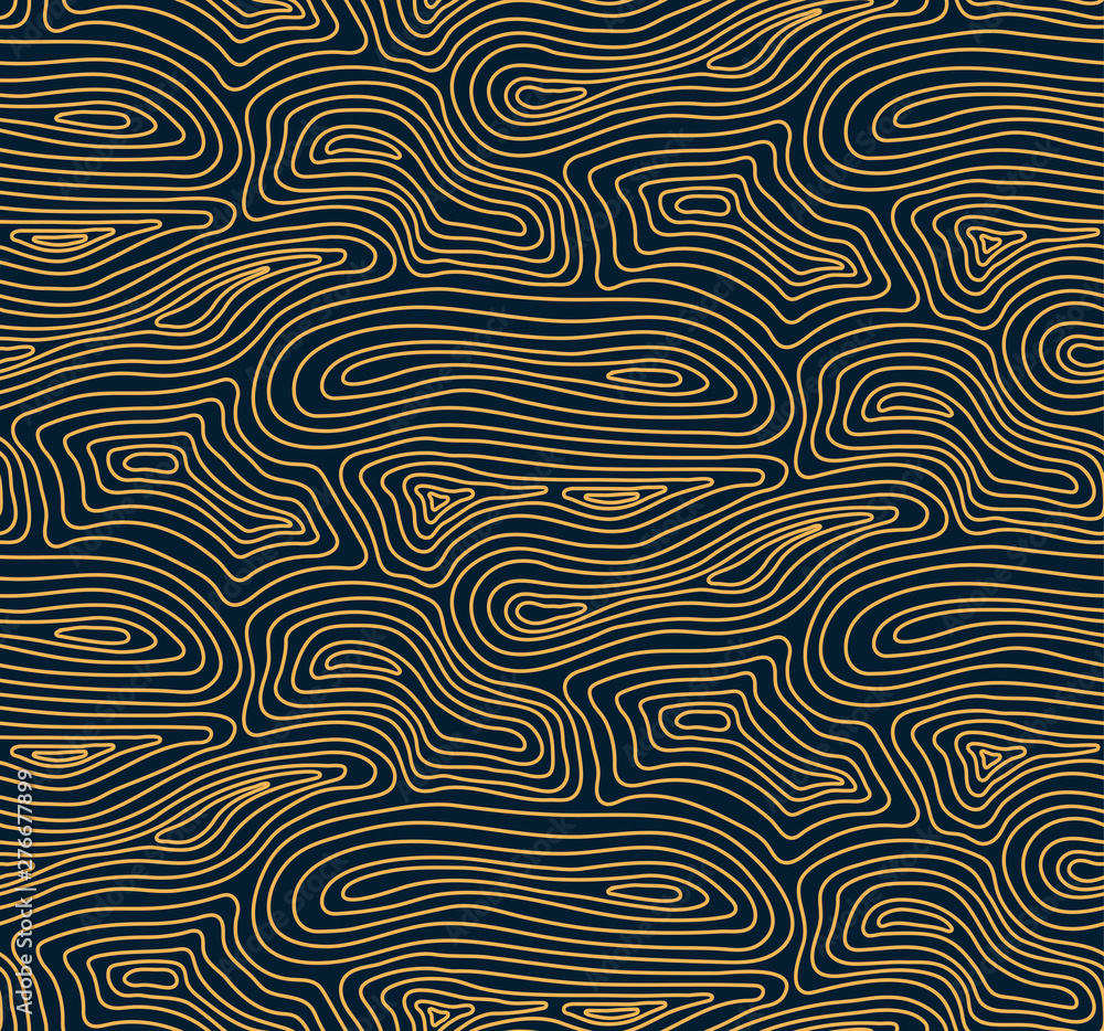 Stylized wood texture seamless pattern, golden on dark blue background. Vector illustration. Flat style design. Concept for decorative element, textile print, wallpaper, wrapping paper.