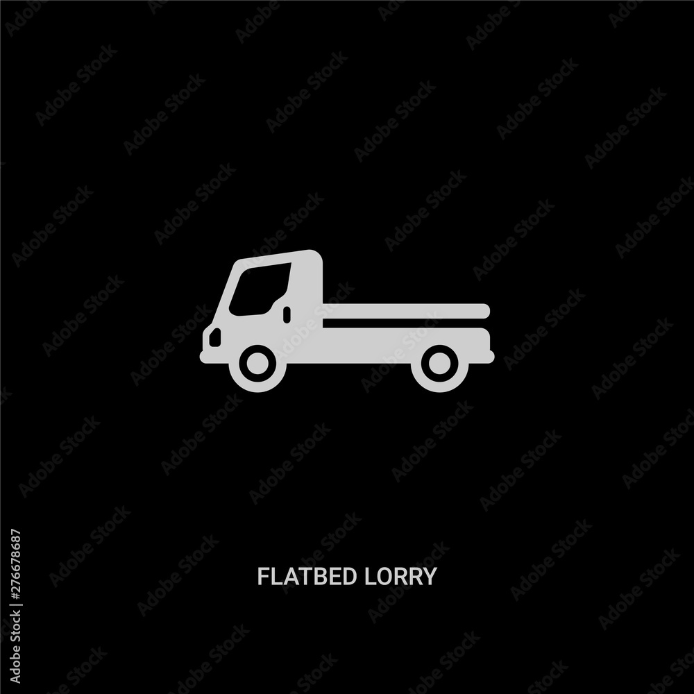 white flatbed lorry vector icon on black background. modern flat flatbed lorry from transportation concept vector sign symbol can be use for web, mobile and logo.