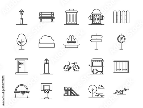 city park icons. Set of city park element icon. Outline style icons