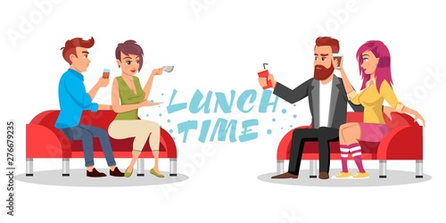 Friends or colleagues sitting at table with drinks and pizza. Vector azure lettering Lunch time isolated on white background. Young men and women spending time in cafe, dining area, food court.