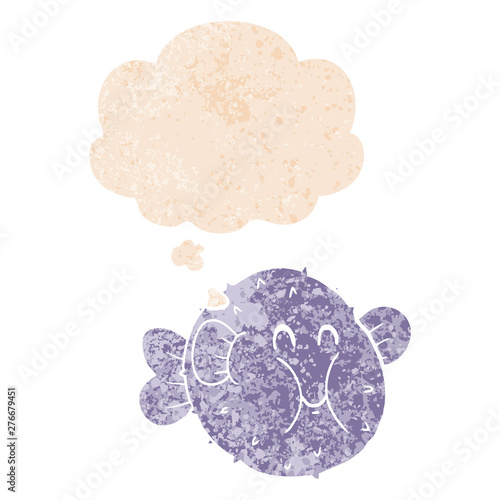cartoon puffer fish and thought bubble in retro textured style