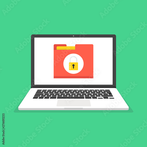Laptop with file protection on the screen. Data security and privacy concept. Safe confidential information. Vector illustration.