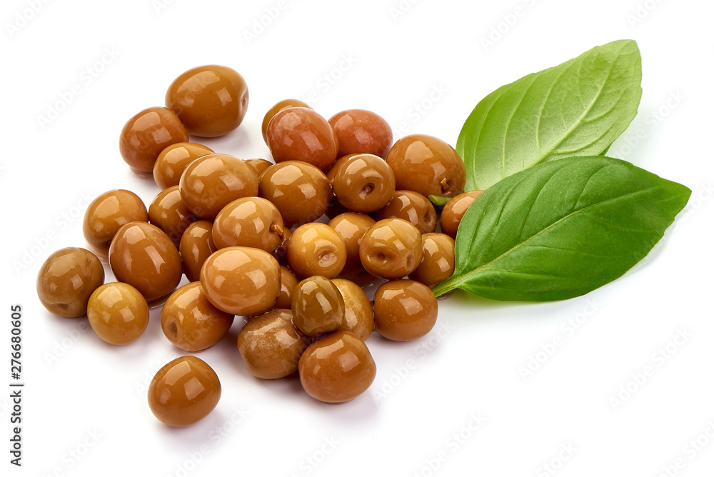 Obraz premium Pickled Arbequina Olives, close-up, isolated on white background