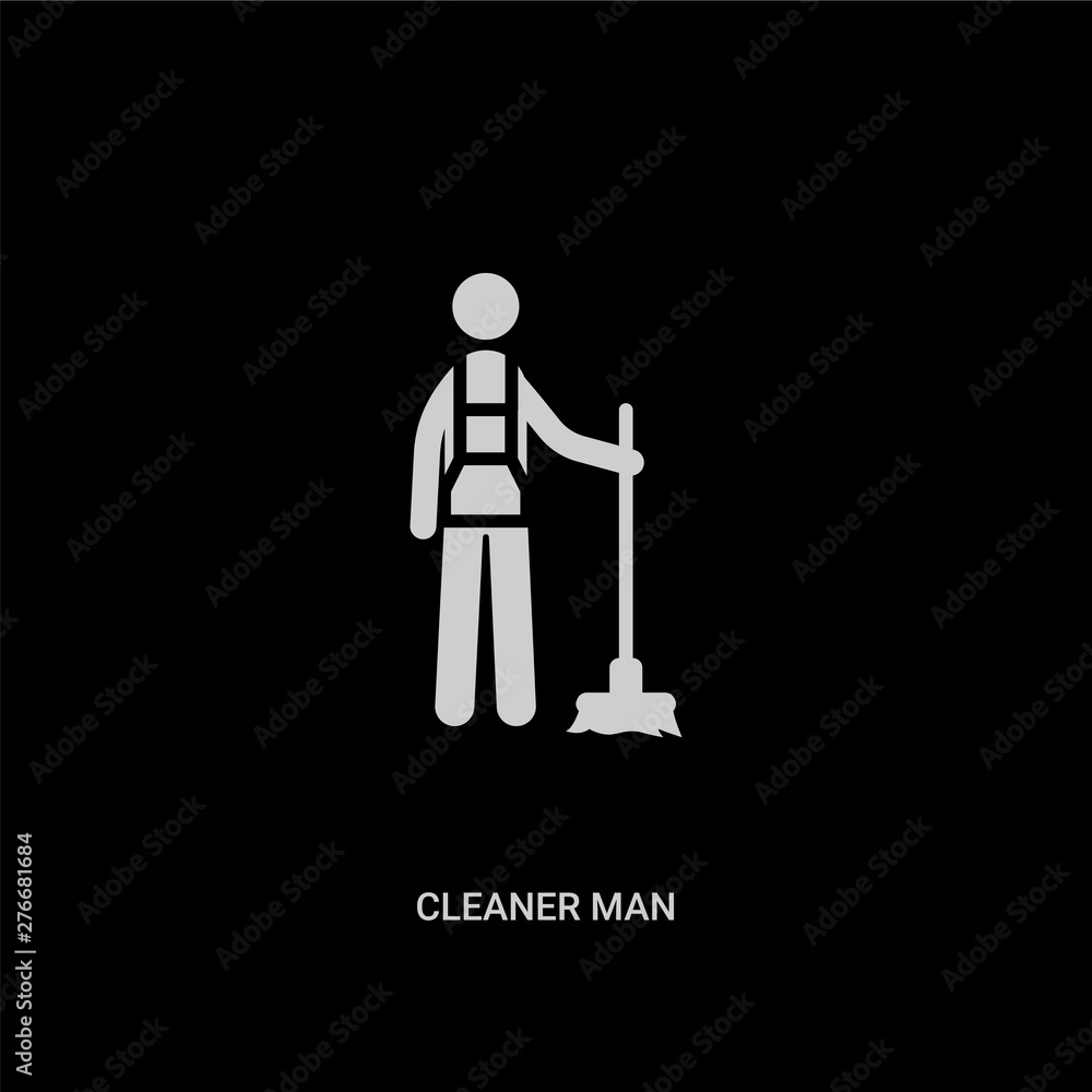 white cleaner man vector icon on black background. modern flat cleaner man from behavior concept vector sign symbol can be use for web, mobile and logo. white cleaner man vector icon on black background. modern flat cleaner man from behavior concept vector sign symbol can be use for web, mobile and logo.