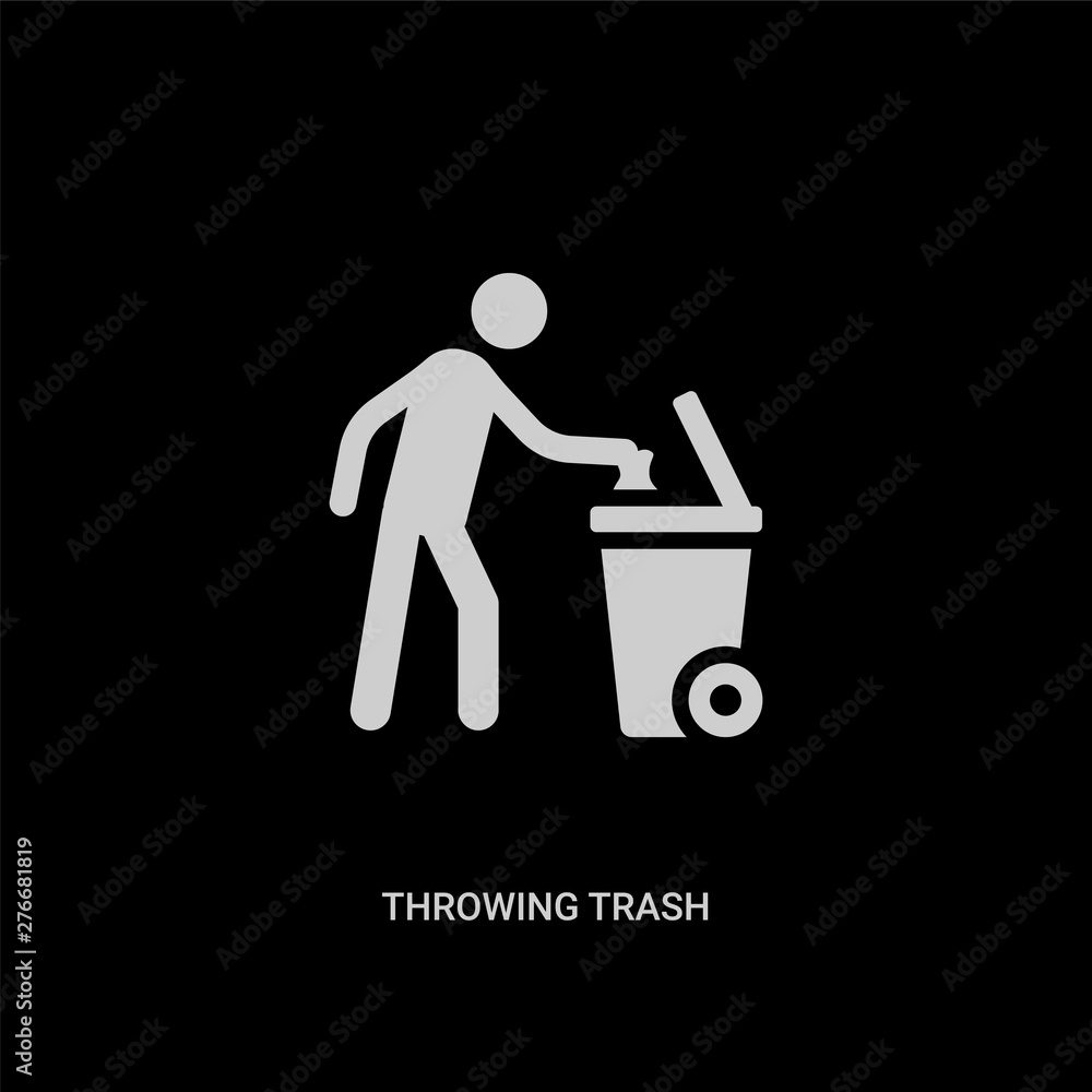 white throwing trash vector icon on black background. modern flat throwing trash from behavior concept vector sign symbol can be use for web, mobile and logo. white throwing trash vector icon on black background. modern flat throwing trash from behavior concept vector sign symbol can be use for web, mobile and logo.