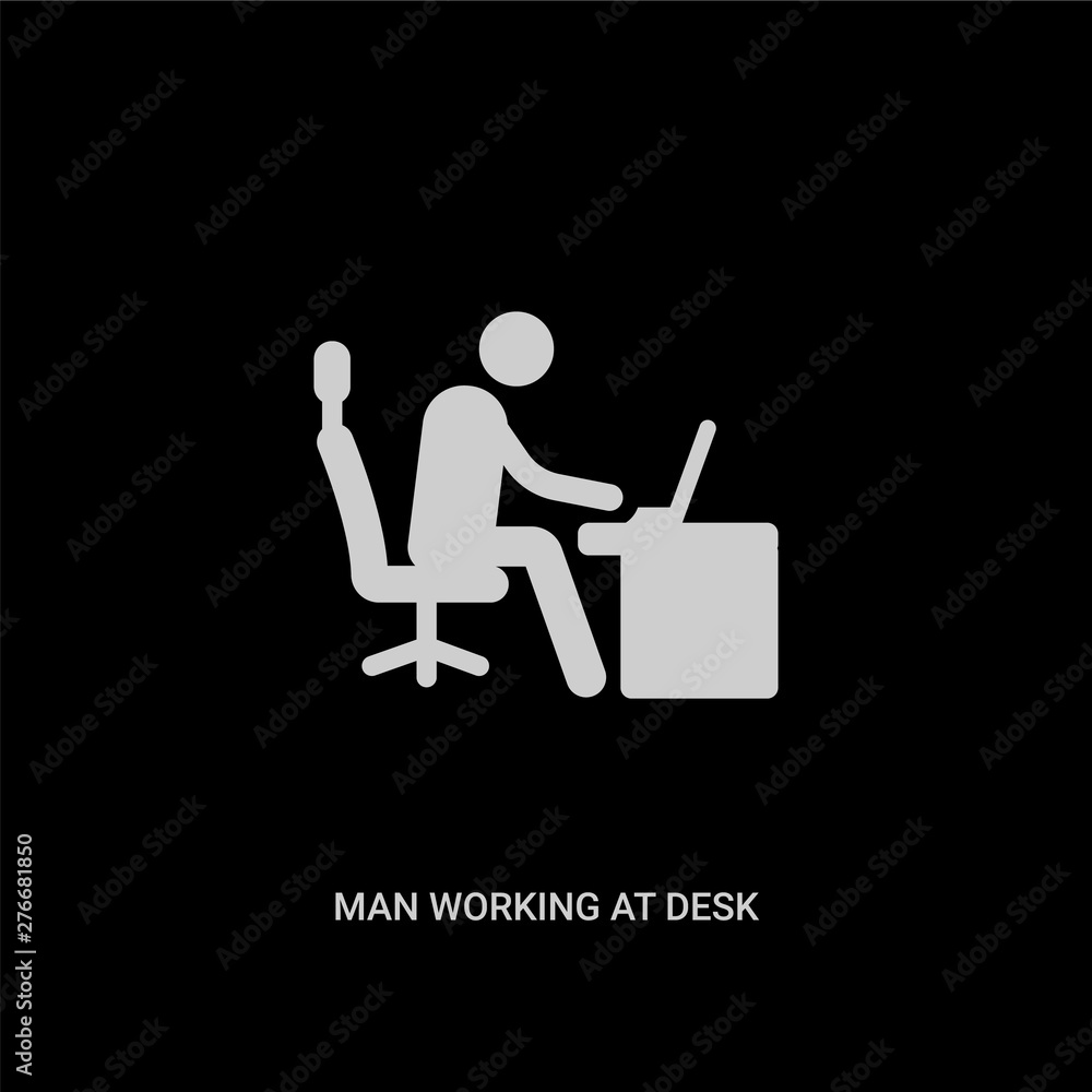 white man working at desk vector icon on black background. modern flat man working at desk from behavior concept vector sign symbol can be use for web, mobile and logo. white man working at desk vector icon on black background. modern flat man working at desk from behavior concept vector sign symbol can be use for web, mobile and logo.