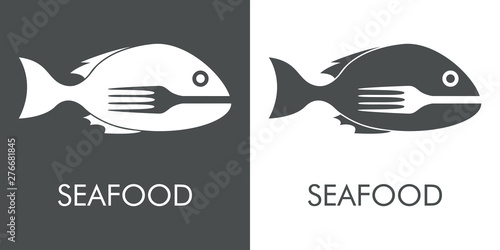 Logotipo con texto SEAFOOD con tenedor en espacio negativo en pez en gris y blanco