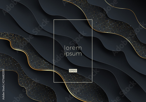 Abstract vector black and gold background. Fluid  wavy layered shape with golden edge and glitter halftone. Vector illustration. Design for promo, cover, poster, flyer and etc.
