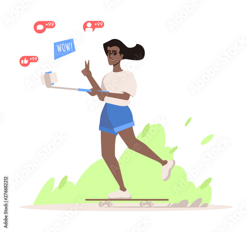 Lifestyle blogger flat vector illustration. African american girl skateboarding isolated cartoon character. Dark skin teen streaming video. Young vlogger, streamer. Healthy and active lifestyle vlog