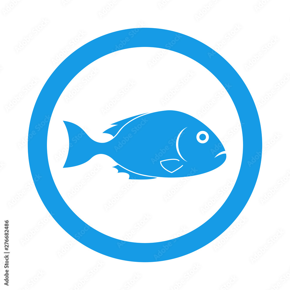 Icono plano silueta pescado en círculo color azul Icono plano silueta pescado en círculo color azul