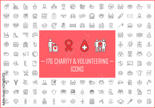 Charity and volunteering linear icons big set. Thin line contour symbols. Fundraising, philanthropy, humanitarian help, charitable organization. Isolated vector outline illustrations. Editable stroke