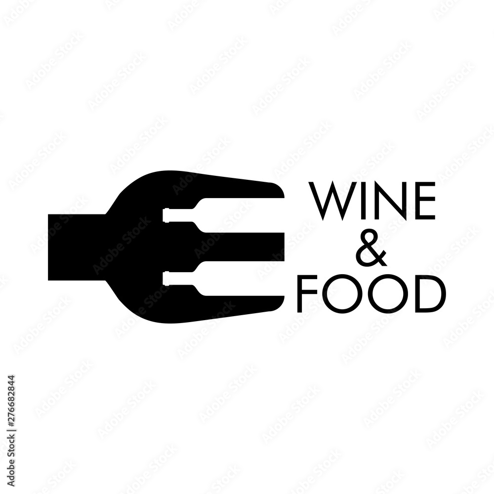 Logotipo abstracto con texto WINE & FOOD con tenedor y botellas en espacio negativo en color negro Logotipo abstracto con texto WINE & FOOD con tenedor y botellas en espacio negativo en color negro