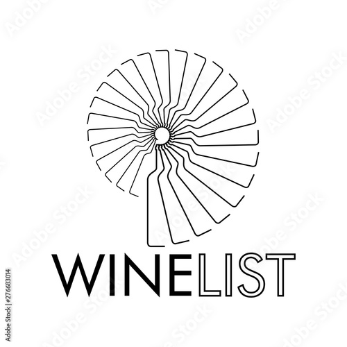 Logotipo abstracto con texto WINE LIST con botellas lineales en espiral en color negro